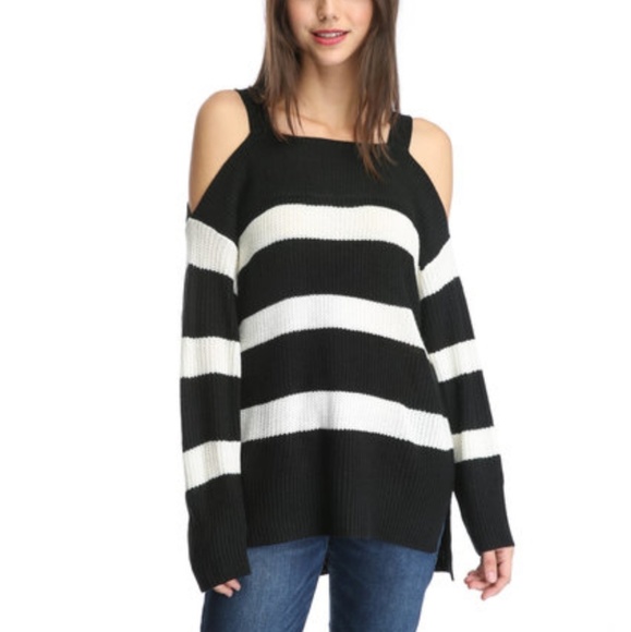⭐️ SANCTUARY ⭐️ “AMELIE” COLD SHOULDER BLACK & WHITE STRIPED SWEATER SIZE:SMALL - Picture 3 of 5